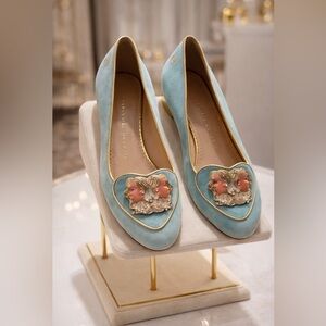 Charlotte Olympia Aqua Suede Flats Gold Trim Embroidered Logo EU 37